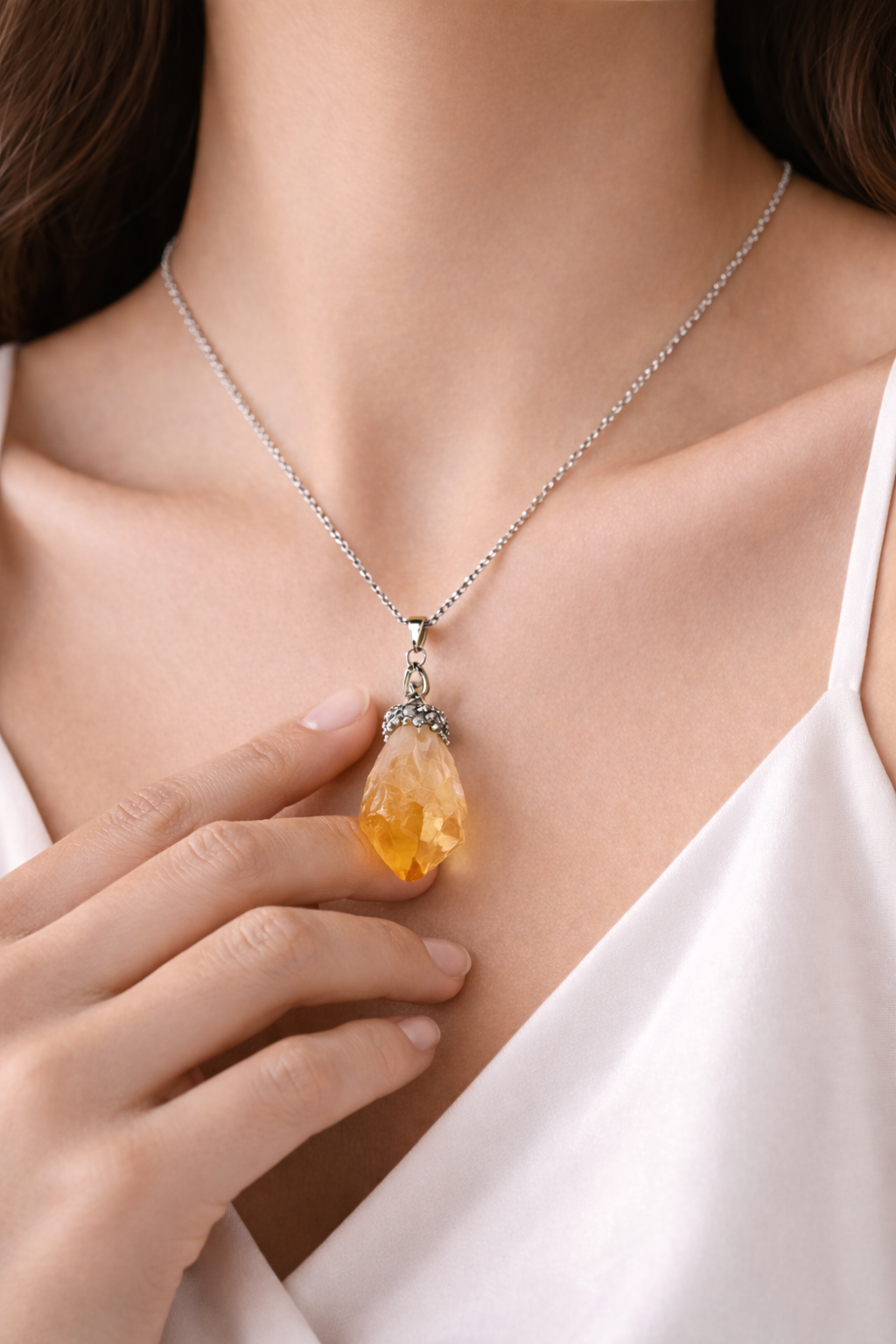 Doğal Sitrin Taşı Ham Kristal Kolye – Paslanmaz Çelik Zincir